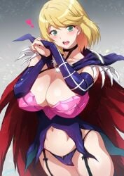 1girls big_breasts black_garter_straps blonde_hair bone_necklace breasts cape cleavage corset cute elbow_gloves female female_only garter_straps green_eyes hi_res hourglass_figure joy_ride large_breasts looking_at_viewer love_after_world_domination magahara_desumi navel panties pink_bra purple_corset purple_elbow_gloves purple_panties solo string_panties thighhighs thighs villainess