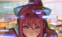 1boy 1girls blowjob blowjob_face blush doki_doki_literature_club english_text fellatio female glitch heart-shaped_pupils implied_blowjob implied_fellatio kittew looking_at_viewer male_pov monika_(doki_doki_literature_club) oral out-of-frame_censoring pov pov_eye_contact text valentine's_day