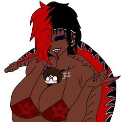 bikini black_hair breast_smother breast_smothering closed_eyes dark-skinned_female dark_areola dark_nipples ebony_(oc) eyeliner fangs huge_breasts multicolored_hair muscular okami_black_(copyright) original original_character red_eyes red_hair scarlett_kross_(character) silver_eyes smile snake_girl snake_tail snake_tongue tall_female taller_female taller_girl taller_woman