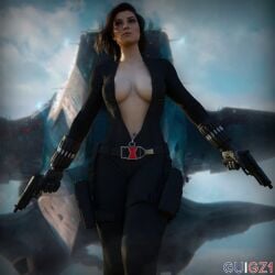 1girls black_widow_(cosplay) call_of_duty call_of_duty_black_ops_4 call_of_duty_zombies cleavage detailed_background guigz1 gun inner_sideboob marvel nipple_slip no_bra open_jacket red_hair scarlett_rhodes smirk solo_female