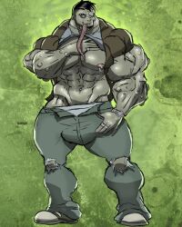 1_eye abs beard biceps big_biceps big_bulge big_calves big_pecs black_hair blue_undershirt brown_shirt bulge calves colored_background erect_nipples flaccid green_background green_skin hair huge_biceps infected left_4_dead left_4_dead_(series) left_4_dead_2 long_tongue looking_at_viewer male_only muk100 muscular muscular_arms muscular_legs muscular_male muscular_thighs navel necklace nipple_piercing nipples pants pants_pull pecs pierced_eyebrow pierced_tongue remert ring rings ripped_clothing ripped_pants sagging_pants seductive_look seductive_smile shirt shoes smile smoker_(left_4_dead) solo solo_male spores standing thick_thighs thighs tongue torn_clothes torn_clothing torn_pants undershirt underwear underwear_pull watch wristwatch zombie