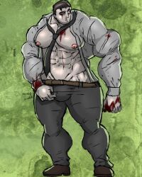 abs belt big_calves big_pecs blood blood_on_chest blood_on_face blood_on_hand blood_stain bloodshot_eyes bloody_nose brown_hair brown_shoes bulge calves collared_shirt colored_background curious erect_nipples flaccid green_background hair human infected itching left_4_dead left_4_dead_(series) left_4_dead_2 looking_at_penis looking_down male_only muk100 muscular muscular_arms muscular_legs muscular_male muscular_thighs navel nipples pale-skinned_male pale_skin pants pecs red_eyes remert scratching shirt shirt_open shoes solo solo_male standing text thick_thighs tie touching_bulge zombie