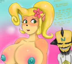 1boy 1girls anthro areolae bimbo bimbofication blonde_hair breasts coco_bandicoot concerned crash_(series) doctor_neo_cortex eyeshadow female flower_in_hair furry green_eyes huge_breasts large_breasts male neo_cortex nude open_mouth pasties ponytail sekkmor smile text yellow_skin