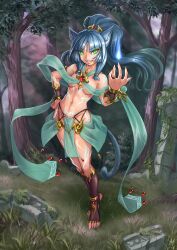 1girls blue_hair breasts catgirl female female_only light-skinned_female light_skin maxa-art outdoors pelvic_curtain pubic_tattoo revealing_clothes small_breasts smile solo tattoo