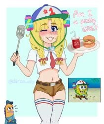 blonde_hair blue_background blue_eyes braids cap femboy fish hamburger hat highsocks krabby_patty necktie otoko_no_ko ribbon shorts smooth_skin soda spatula spongebob_squarepants spongebob_squarepants_(character) thick_thighs thighs trap wishuurin