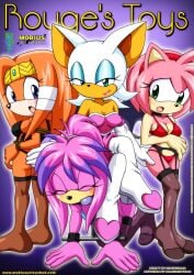 4girls amy_rose anthro ass ball_gag bat bbmbbf blue_eyes blush boots breasts chiropteran choker closed_eyes clothed comic_cover echidna eulipotyphlan female female_only gloves green_eyes hedgehog julie-su lingerie looking_at_viewer looking_back mobius_unleashed monotreme multiple_girls orange_body orange_fur palcomix pink_body pink_fur pink_hair purple_eyes rouge_the_bat sega sonic_(series) sonic_the_hedgehog_(archie) sonic_the_hedgehog_(comics) sonic_the_hedgehog_(series) tan_body tan_fur teenager tikal_the_echidna underwear white_hair yuri