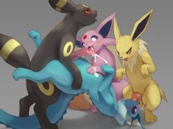 bodily_fluids cum eeveelution ejaculation espeon fellatio feral fukashinx genital_fluids genitals grey_background group group_sex jolteon licking male male/male male_only male_penetrated male_penetrating male_penetrating_male male_vaporeon nintendo oral penetration penile penis penis_lick pokémon_(species) pokemon quadruped sex simple_background spitroast tongue tongue_out umbreon vaporeon video_games