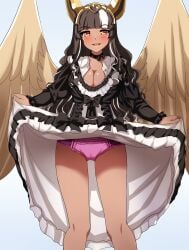 alternate_version_available amber_eyes bangs black_and_white_clothing black_and_white_hair black_hair bow cleavage curly_hair dress exposed_panties facing_forward facing_viewer frilled_dress frilled_skirt frills headgear headpiece highres indie_virtual_youtuber kelli_siren legs lifting_skirt long_hair maid maid_dress maid_outfit maid_uniform nanashi79410097 neck_ribbon neckwear open_mouth orange_eyes panties pink_panties presenting_panties purple_panties smirk smirking smug smug_face smug_grin solo tan_skin two-tone_hair unbuttoned unbuttoned_dress virtual_youtuber wavy_hair white_hair winged_humanoid wings zanntetu