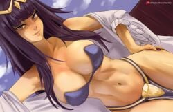 1girls artist_name bangs bathrobe big_breasts black_nails blue_sky breasts busty child_bearing_hips cleavage cloud clouds commentary dark_hair day english_commentary female female_only fingernails fire_emblem fire_emblem_awakening hand_on_hip hips jewelry large_breasts lips long_hair long_sleeves looking_at_viewer midriff nail_polish navel nintendo off_shoulder on_side outdoors painted_nails parted_lips pelvic_curtain purple_eyes seductive seductive_smile sensual shiny shiny_hair simple_background sky smile solo stomach swimsuit tharja_(fire_emblem) tiara ultrabinou voluptuous watermark wide_sleeves