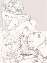 1boy 1girls aerith_gainsborough ancotsubu arms_around_partner cloud_strife embrace female final_fantasy final_fantasy_vii hugging kissing legs_around_partner long_hair male male/female passionate sleeveless straight