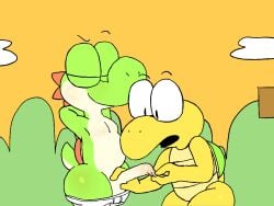 2022 animated anthro anthro_on_anthro clothed clothing cloud conditional_dnp duo erection foreskin foreskin_play foreskin_pull genitals green_body hands_behind_head humanoid_genitalia humanoid_penis koopa koopa_troopa loop male male/male male_only mario_(series) nintendo nude open_mouth outside partially_clothed penis scalie side_view smile standing super_mario_bros. topless underwear underwear_down video_games watermelon_(artist) yellow_body yoshi