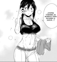 1girls athletic athletic_female big_breasts big_hips big_thighs blush_lines blushing_at_viewer cleavage female female_focus female_only fit_female hitomi-chan_is_shy_with_strangers hitomi_takano hourglass_figure large_breasts looking_at_viewer midriff natsumi_chorisuke short_hair spanish_text sports_bra sweat tagme teenage_girl teenager text wide_hips