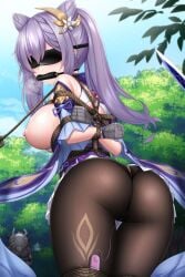 arms_behind_back ass ass_focus big_breasts bit_gag black_stockings blindfold bondage crotch_rope gag genshin_impact hair_cones hair_ornament hilichurls_(species) keqing_(genshin_impact) legs_tied legs_together looking_at_another looking_at_viewer no_bra plusout pulled_by_another purple_dress purple_hair sideboob sleveeless_shirt taped_hands twintails upskirt vibrator vibrator_under_panties