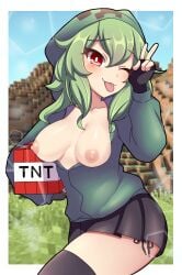 1girls areolae big_breasts black_skirt breasts breasts_out clothed creeper creeper-chan creeper_chan creeper_girl female female_focus female_only fingerless_gloves gijinka green_hair green_hoodie holding_object hoodie large_breasts light-skinned_female light_skin minecraft mob_talker pale-skinned_female pale_skin personification red_eyes skirt solo solo_female stockings thighs tnt tongue_out vector_(dmlddmld00) wink winking winking_at_viewer