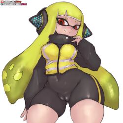 1girls agent_3_(splatoon) big_breasts bike_shorts black_clothing cameltoe female girlsay headphones inkling inkling_girl jacket light_skin long_hair looking_down navel_visible_through_clothes nintendo pussy_bulge red_eyes solo solo_female solo_focus splatoon splatoon_(series) thick_thighs tight_clothing tight_fit white_skin wide_hips yellow_hair