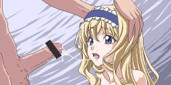 1boy 1girls after_oral blonde_hair blue_eyes cecilia_alcott cum cum_on_face cum_trail cute head_grab head_hold infinite_stratos innocent itou_nobuhiro long_hair oral penis straight teenager