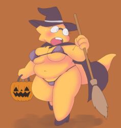 1girls 2d alphys alpi anthro aruput aruput_ut big_breasts blush blushing broom chubby embarrassed female female_only glasses halloween hat humanoid lizard_girl lizard_humanoid micro_bikini monster monster_girl solo sweat sweatdrop sweating swimsuit tagme thick_thighs thong thong_bikini undertale undertale_(series) witch_hat yellow_body