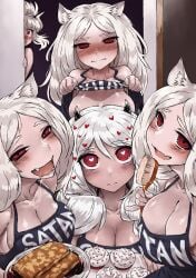 5girls animal_ears big_breasts brush cerberus_(helltaker) clothing cupcake demon demon_girl haraya helltaker highres looking_at_viewer lucifer_(helltaker) modeus_(helltaker) pancake pov red_eyes smiling straight_hair white_horn