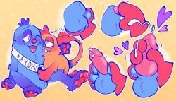 absurd_res ambiguous_gender animal_genitalia animal_penis anthro balls becoming_erect blue_body blue_fur blush blush_lines blushing_profusely bodily_fluids bugsnax canine_penis chester_chullabaloo_(sirtoasterbutt) cum digital_media_(artwork) duo ejaculation erection fan_character filbo_fiddlepie fingers fully_sheathed fur genital_fluids genitals grumpus handjob handpaw heart hi_res knot male male/male open_mouth orange_body orange_fur pawpads paws penile penis precum sex sheath simple_background sirtoasterbutt smile text video_games young_horses