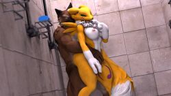 16:9 2022 3_fingers 3d_(artwork) anthro bandai_namco belly_grab black_nose black_sclera blue_eyes breasts brown_body brown_fur canid canine canis digimon digimon_(species) digital_media_(artwork) domestic_dog duo female fingers fur german_shepherd herding_dog hi_res looking_at_viewer male male/female mammal nipples pastoral_dog pink_nipples renamon shower source_filmmaker tile tile_wall wall_(structure) white_body white_fur widescreen wolf_(petruz) woofersfm yellow_body yellow_fur