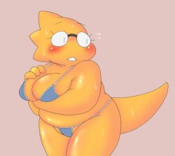 1girls 2d alphys aruput aruput_ut big_breasts blush cleavage dinosaur female female_only humanoid lizard lizard_girl lizard_humanoid monster monster_girl shiny shiny_skin solo sweat sweatdrop sweating swimsuit tagme undertale undertale_(series)