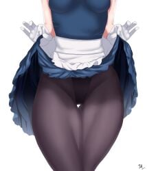 1girls alternate_costume arcedo bare_arms breasts clothes_lift crotch_focus female female_only fire_emblem fire_emblem_awakening gloves leotard lifted_by_self lucina_(fire_emblem) maid medium_breasts nintendo pantyhose presenting see-through skirt_lift solo thick_thighs thighs upskirt white_background