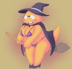 1girls 2d alphys alpi anthro aruput aruput_ut big_breasts blush broom chubby embarrassed female female_only glasses halloween hat humanoid lizard_girl lizard_humanoid micro_bikini monster monster_girl solo sweat sweatdrop sweating swimsuit tagme thick_thighs thong thong_bikini undertale undertale_(series) witch_hat yellow_body