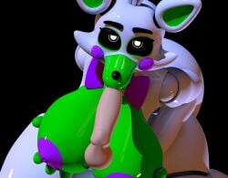 3d 3d_(artwork) absurd_res animatronic anthro balls big_breasts black_background black_sclera bow_tie breasts canid canine digital_media_(artwork) duo female five_nights_at_freddy's five_nights_at_freddy's_world fox genitals geometryboymejia green_body hair hand_on_breast head_tuft hi_res looking_at_viewer machine male mammal nipples oral oral_penetration penetration penis pupils purple_bow_tie purple_cheeks purple_nipples robot scottgames simple_background solo_focus tangle_(fnaf) tuft video_games white_body white_pupils