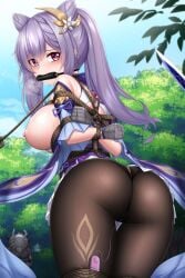 arms_behind_back ass ass_focus big_breasts bit_gag black_stockings bondage crotch_rope gag genshin_impact hair_cones hair_ornament hilichurls_(species) keqing_(genshin_impact) legs_tied legs_together looking_at_another looking_at_viewer no_bra plusout pulled_by_another purple_dress purple_eyes purple_hair sideboob sleveeless_shirt taped_hands twintails upskirt vibrator vibrator_under_panties worried_expression