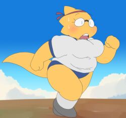 1girls 2d alphys alpi anthro aruput aruput_ut big_breasts chubby clothed exercise female female_only glasses humanoid lizard_girl lizard_humanoid monster monster_girl panting running shirt shoes solo tagme undertale undertale_(series) yellow_body