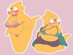 1girls 2d alphys alpi anthro aruput aruput_ut belly_button bra chubby female female_only glasses humanoid lizard_girl lizard_humanoid micro_bikini panties skirt solo swimsuit tagme thong undertale undertale_(series) underwear yellow_body