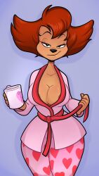 2022 5_fingers anthro areola_slip areolae bathrobe belt black_nose blushmallet bottomwear breast_slip breasts cleavage clothing cup disney domestic_cat eyelashes felid feline felis female fingers fur goof_troop hair half-closed_eyes high_resolution holding holding_mug holding_object large_breasts legs_together looking_at_viewer mammal mature mature_female milf mug narrowed_eyes pajama_pants pants peg_pete red_hair robe short_hair solo standing thaman wardrobe_malfunction