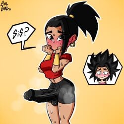 1futa 1girls alternate_version_at_source balls bike_shorts breasts caulifla clothed clothing dialogue dragon_ball dragon_ball_super embarrassed erection erection_under_clothes evilgirl female female_saiyan fully_clothed futa_focus futanari hoop_earrings huge_cock human impossible_clothes kale light-skinned_female light-skinned_futanari light_skin masturbation penis shorts_bulge solo_focus sweat text tight_clothing universe_6 universe_6/universe_7