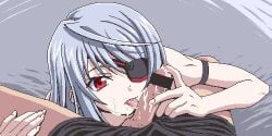 bar_censor blindfold censored cum eye_contact eyepatch grey_hair infinite_stratos itou_nobuhiro laura_bodewig licking_lips licking_penis long_hair oral pov red_eyes straight