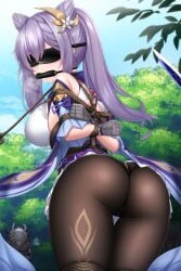 arms_behind_back ass ass_focus bit_gag black_stockings blindfold bondage crotch_rope gag genshin_impact hair_cones hair_ornament hilichurls_(species) keqing_(genshin_impact) legs_tied legs_together looking_at_another looking_at_viewer plusout pulled_by_another purple_dress purple_hair sideboob sleveeless_shirt taped_hands twintails upskirt