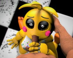 1boy 1girls 3d animatronic anthro bedroom_eyes eye_contact fellatio five_nights_at_freddy's five_nights_at_freddy's_2 human_on_anthro kiwilewds lovetaste_chica male_on_anthro pov source_filmmaker straight toy_chica_(fnaf) toy_chica_(love_taste)