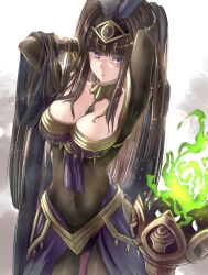 absurdres alternate_costume arms_up ass_visible_through_thighs black_hair bodystocking breasts circlet clear_glass_(mildmild1311) cleavage collarbone feathers female fire_emblem fire_emblem_awakening fire_emblem_heroes highres large_breasts looking_at_viewer official_alternate_costume panties plegian purple_eyes purple_panties solo tharja_(fire_emblem) tharja_(plegian)_(fire_emblem) underwear