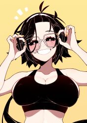 black_eyes black_hair breasts female glasses huge_breasts large_breasts looking_at_viewer smiling tanktop transparent_glasses unexistarts