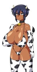 amazon_(taitaitaira) big_breasts bikini cleavage cow_ears cow_horns cow_print cowbell dark-skinned_female dark_skin huge_breasts large_breasts lingerie natsuki_(amazon) nipple_bulge sagging_breasts short_hair tan_skin