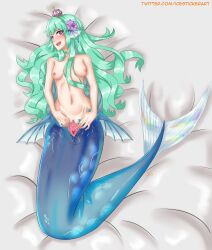 1girls 2022 bed belly_button blue_tail breasts crown female female_only finana_ryugu flower flower_in_hair green_hair icesticker jpeg mermaid mermaid_tail nijisanji nijisanji_en no_legs purple_eyes pussy pussy_juice signature solo stretched_pussy uncensored vagina virtual_youtuber