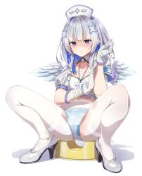 amane_kanata angel_wings blue_panties cinomoon eyebrows_visible_through_hair gloves hair_accessory high_heels holoforce hololive hololive_japan m_legs mouth_closed nametag nurse nurse_cap o_o panties panties_under_pantyhose ripped_pantyhose shadow small_breasts spread_legs stockings straddle sweat thighs underwear virtual_youtuber white_background white_gloves white_hair white_legwear white_outfit white_stockings wings