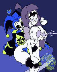 big_breasts breast_squeeze fingering jevans jevans_(character) lactation lila_(spooky_month) milf milking mother pants_down purple_hair sex shirt_up spambot spooky_month sr_pelo tagme