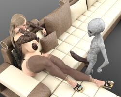 1boy 1girls 3d alien blackless classic_alien gilf grandmother granny hag heels high_heels huge_ass huge_breasts huge_cock imminent_sex old_woman older_female pose posing skimpy skimpy_clothes small_but_hung stockings