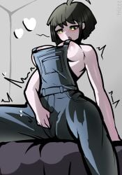 breasts clothed_masturbation danganronpa danganronpa_ultra_despair_girls exposed_breasts large_breasts masturbation naegi_komaru overalls overalls_only straight_hair trizzz