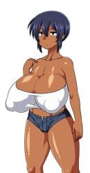 amazon_(taitaitaira) big_breasts cleavage dark-skinned_female dark_skin huge_breasts large_breasts natsuki_(amazon) nipple_bulge sagging_breasts short_hair short_shorts tan_skin