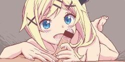 blonde_hair blue_eyes blush censored cute_fang hairclip itou_nobuhiro nukui_hayu ochikobore_fruit_tart open_mouth pov side_ponytail straight