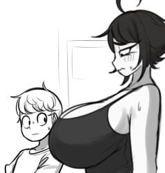 1boy 1boy1girl 1girls 2022 big_breasts black_and_white breasts cleavage female girl_staring_at_guy's_chest huge_breasts large_breasts lili_(littlej/zi19191) littlej_(zi19191) looking_at_breasts male meme monochrome original roy_(littlej/zi19191) short_hair side_view