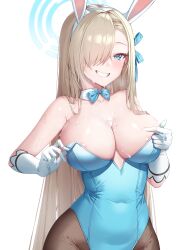 1girls absurd_res asuna_(blue_archive) asuna_(bunny)_(blue_archive) blonde_hair blue_archive blue_eyes breasts bunny_ears bunnysuit cleavage female female_only gloves hair_over_one_eye hi_res large_breasts looking_at_viewer smile solo sseli