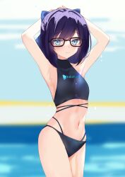 1girls a-chan_(hololive) arms_behind_head arms_up bangs blue_bow blue_eyes bow closed_mouth collarbone eyebrows_visible_through_hair female flat_chest glasses hairbow highres hololive hololive_staff looking_at_viewer navel outdoors pool purple_hair rectangular_eyewear rifufu short_hair smile solo stomach swept_bangs virtual_youtuber wet