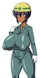 amazon_(taitaitaira) big_breasts construction_worker dark-skinned_female dark_skin huge_breasts jumpsuit large_breasts natsuki_(amazon) nipple_bulge sagging_breasts short_hair tan_skin